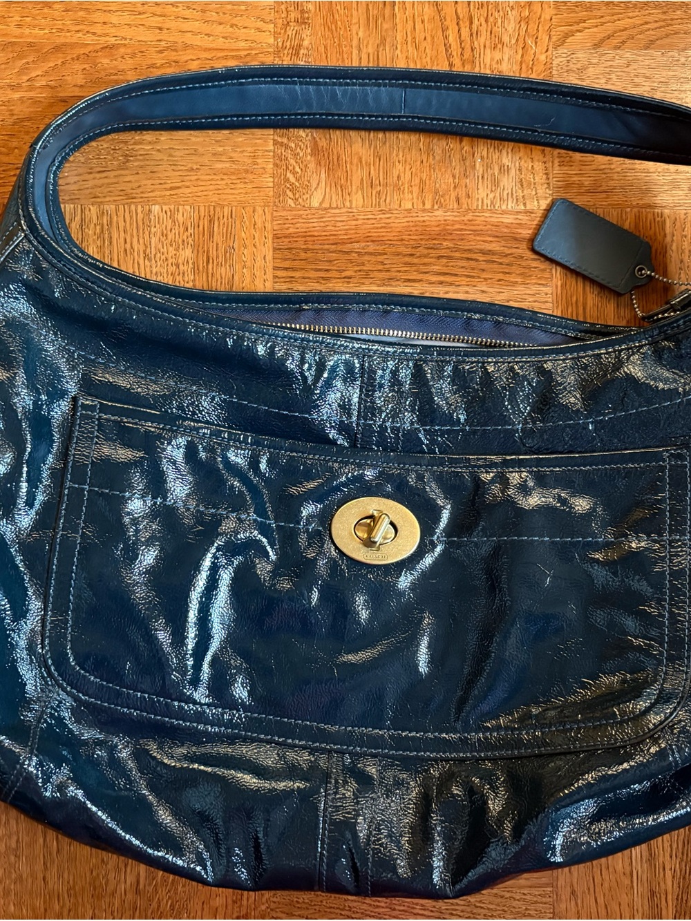 Coach Leather Shoulder Bag in Dark Blue with Turn-Lock Closure